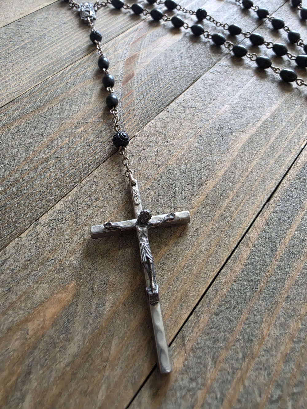 Italy Black Bead Rosary Necklace with Crucifix